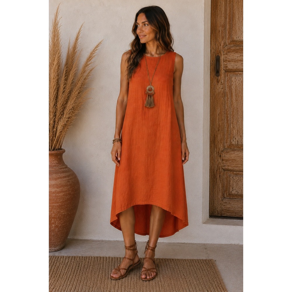 MinimalisticLinen Shift Dress Womens XL Orange Linen High Low Tie Back Lithuania